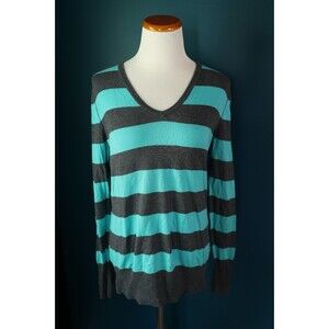 PacSun Nollie Y2K Teal/Grey Striped V-Neck Pullover Cashmere Blend Sweater Large